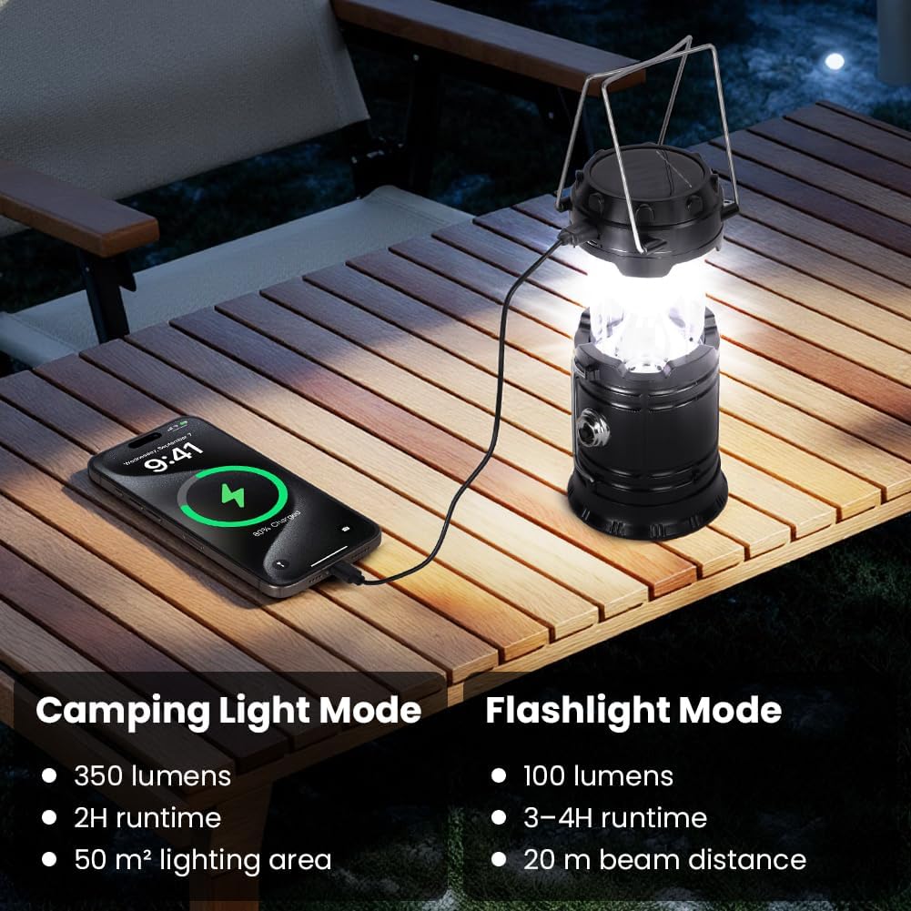 Solar LED Campinglampe faltbar wasserdicht mit USB-Ladefunktion und Haken