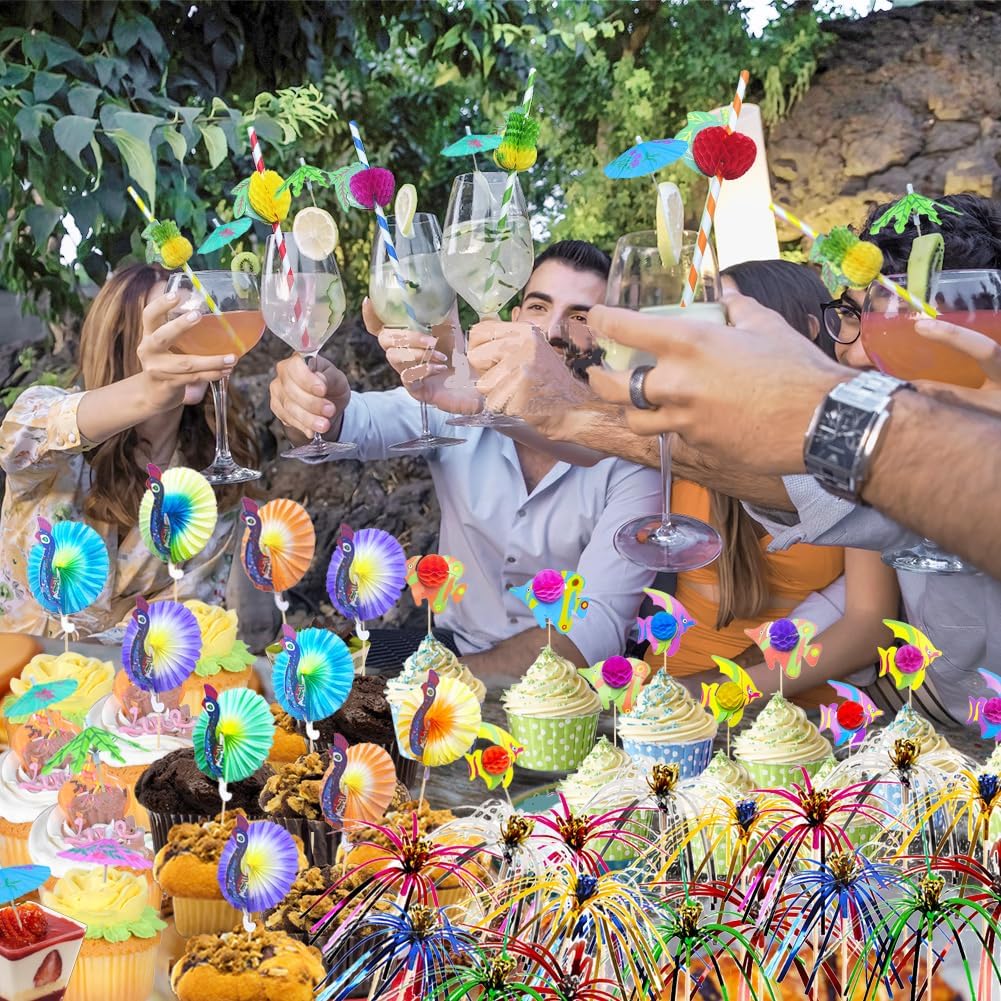 80-teiliges Cocktail Deko-Set Schirmchen Strohhalme Wunderkerzen