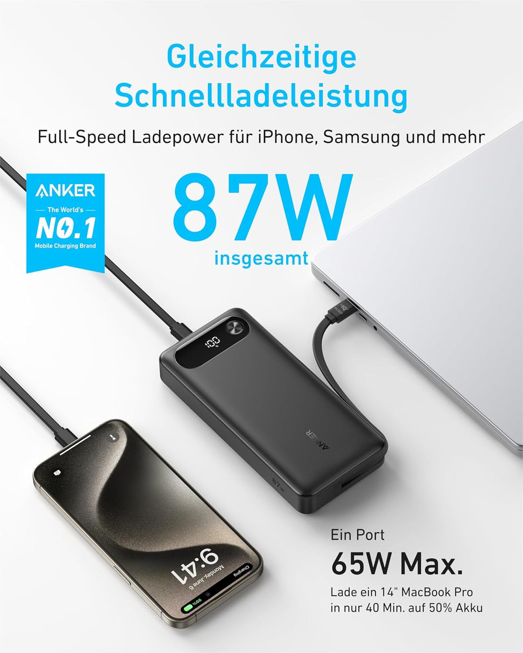 Anker Powerbank 20000 mAh 87W mit integriertem USB‑C Kabel, USB‑A, USB‑C