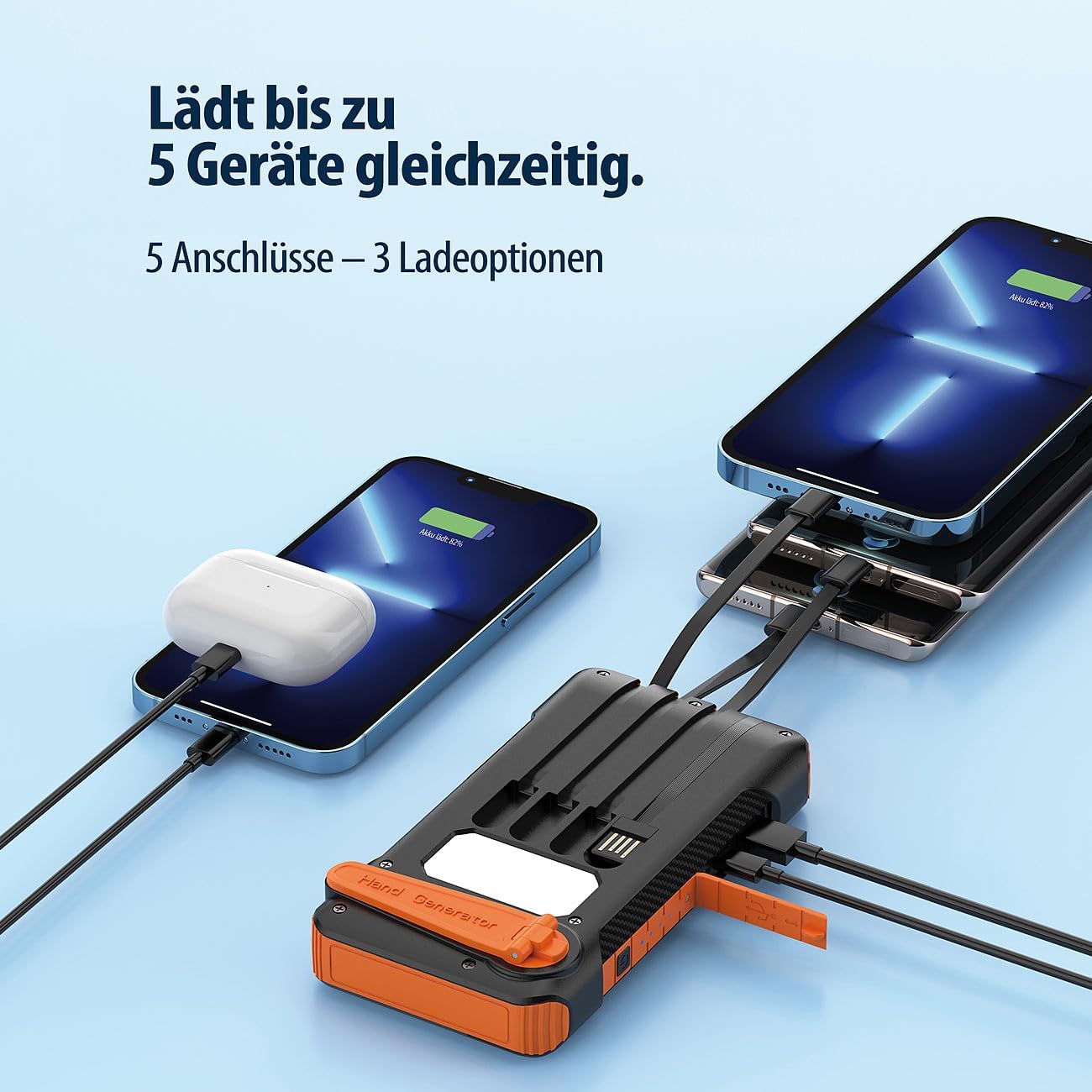 revolt Powerbank 10000 mAh USB‑C PD 20W mit Solarpanel, Kurbel & LED