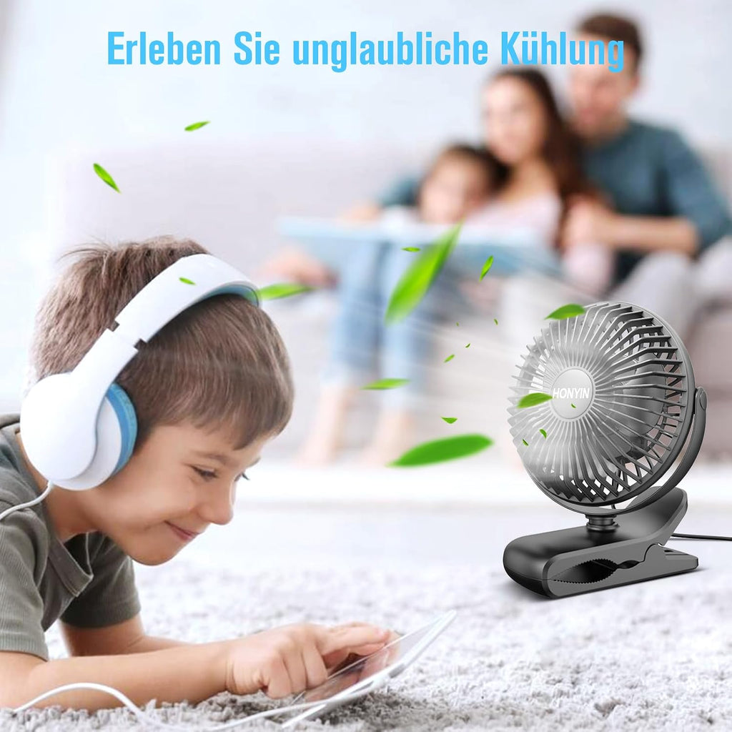 HONYIN Mini Ventilator mit Clip 720° drehbar USB 3 Stufen starke Klammer