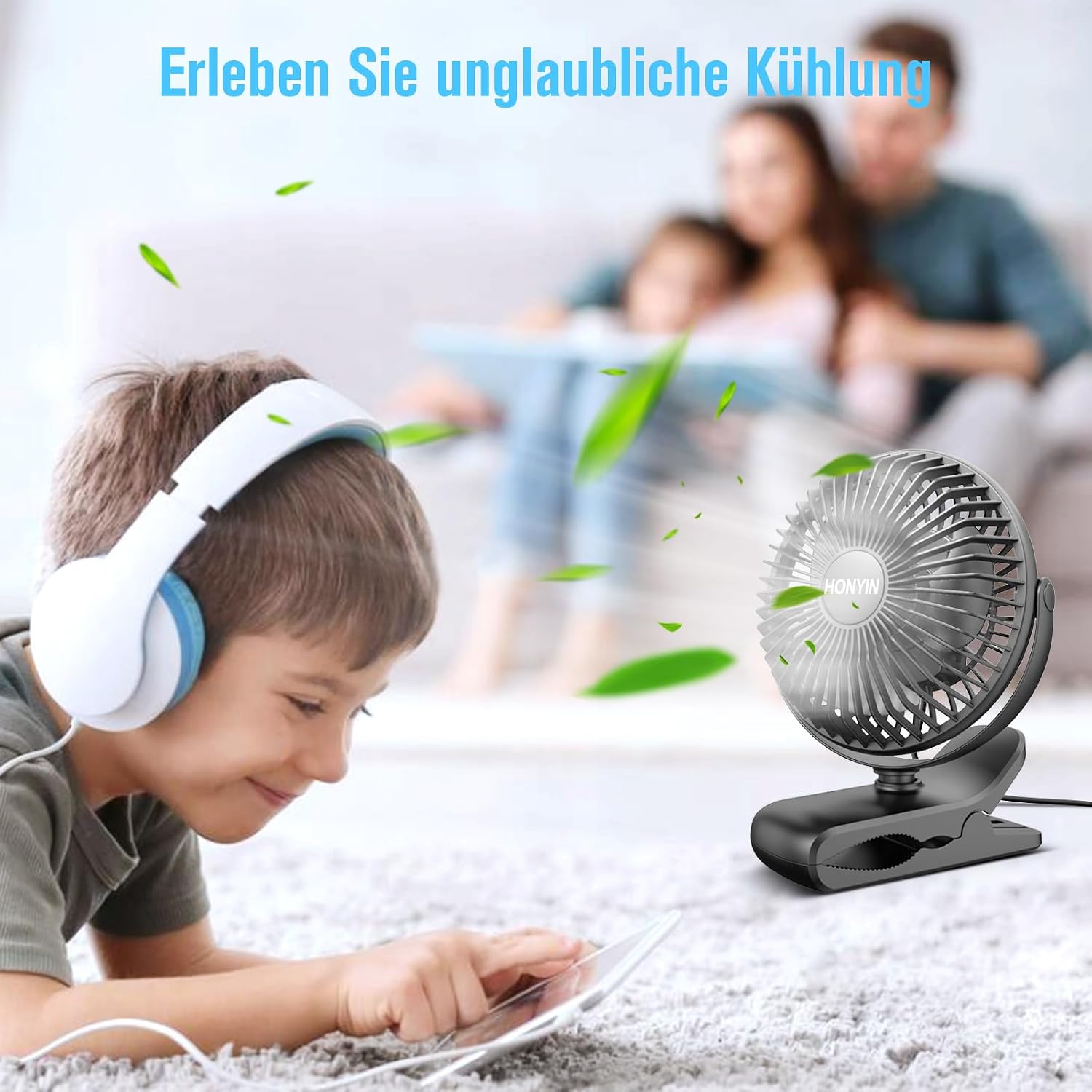 HONYIN Mini Ventilator mit Clip 720° drehbar USB 3 Stufen starke Klammer
