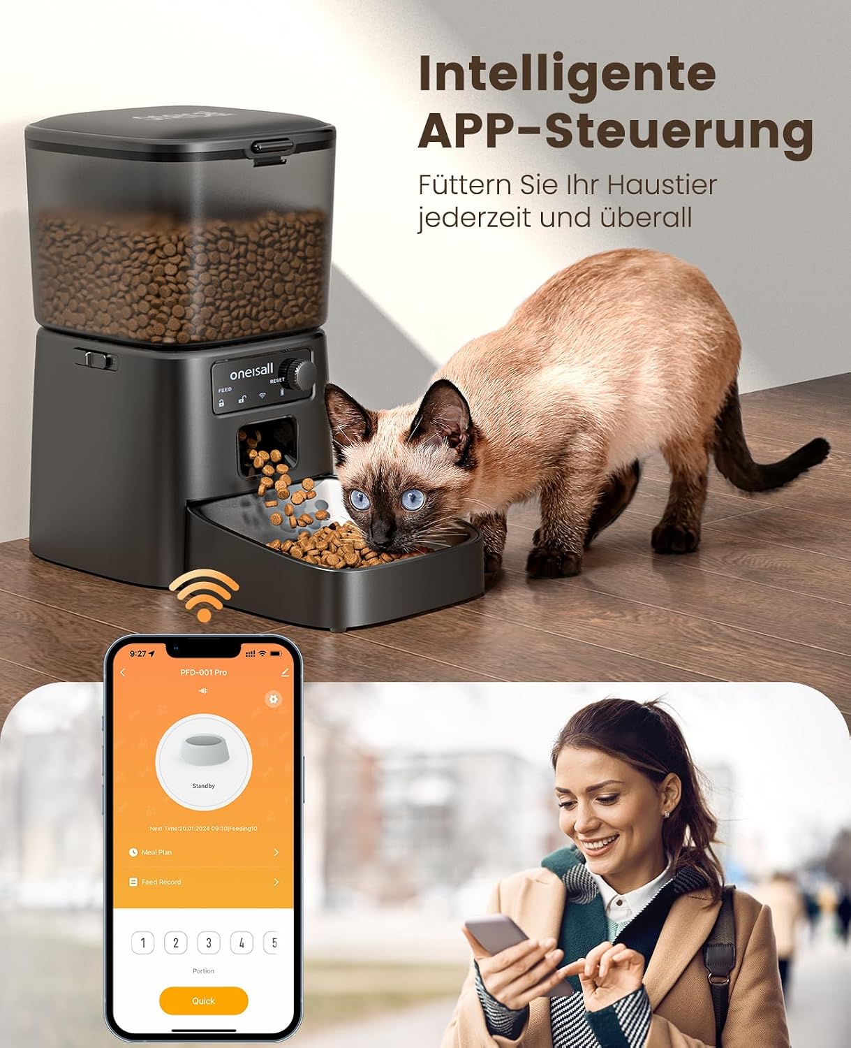 oneisall Futterautomat Katze WiFi App‑Steuerung 1-12 Mahlzeiten Edelstahlnapf