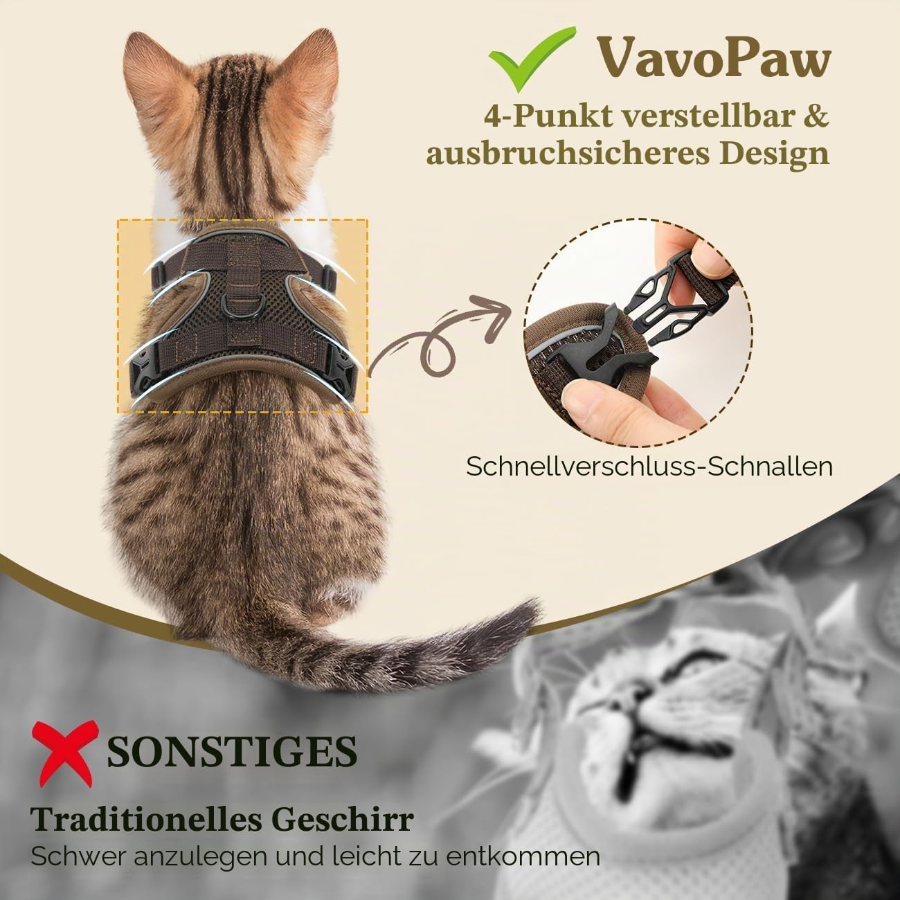 VavoPaw Katzengeschirr ausbruchsicher verstellbar mit Leine S Kaffee