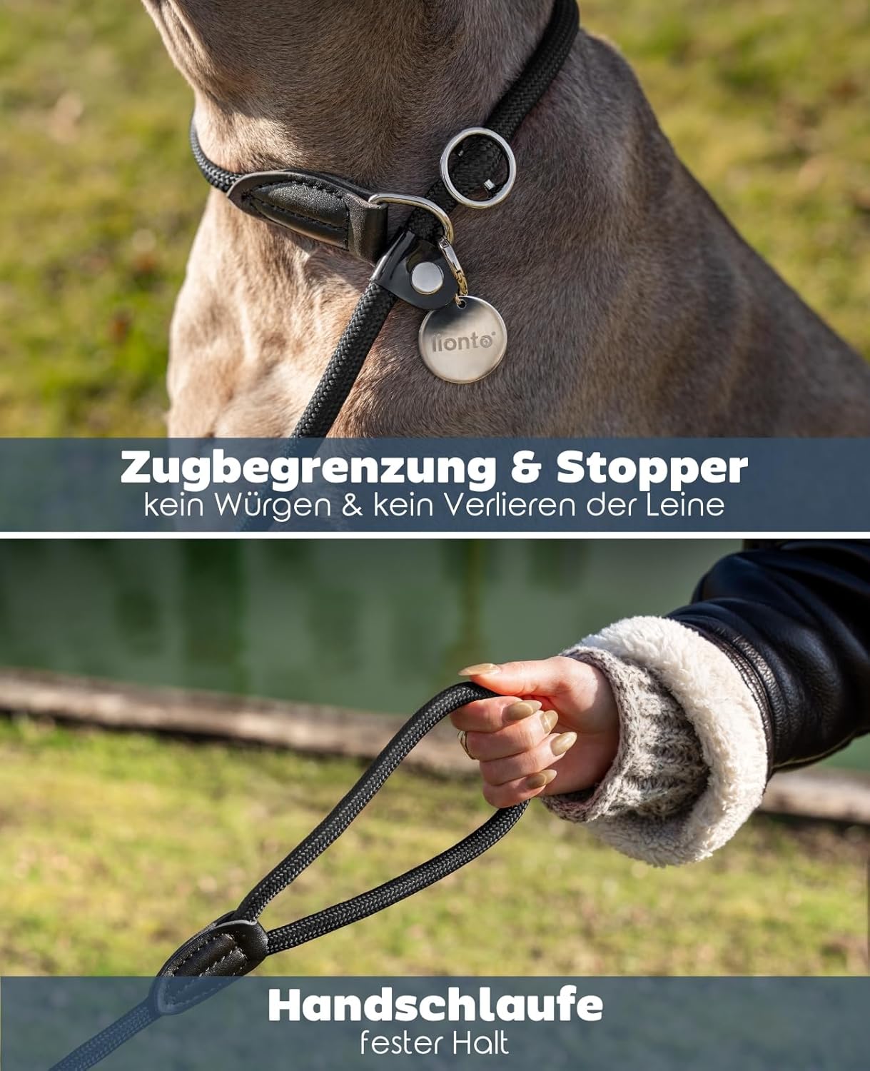 Lionto Retrieverleine vegan braun 120cm-170cm mit Zugstopp wetterfest