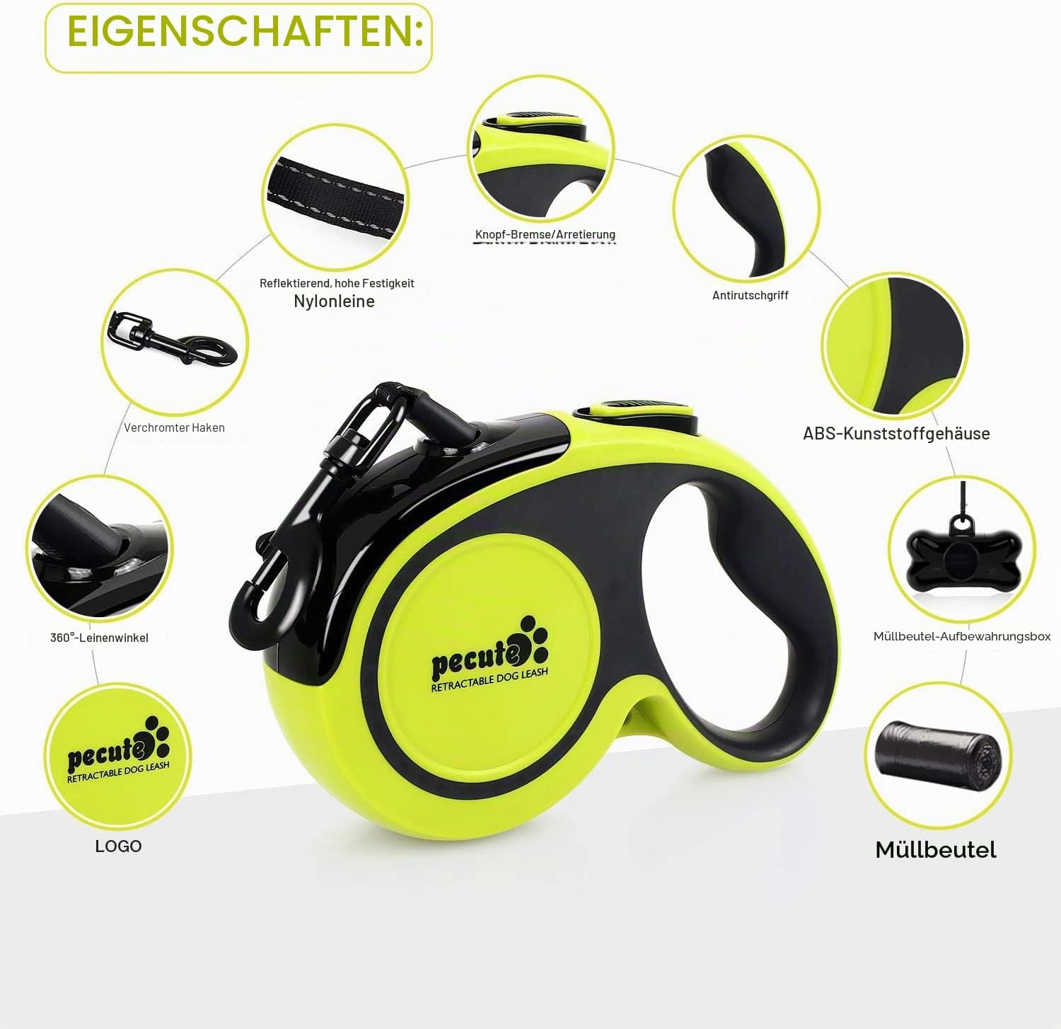 Pecute Rollleine 5m-8m 360° reflektierend Anti-Rutsch Griff Schnellstopp bis 50k