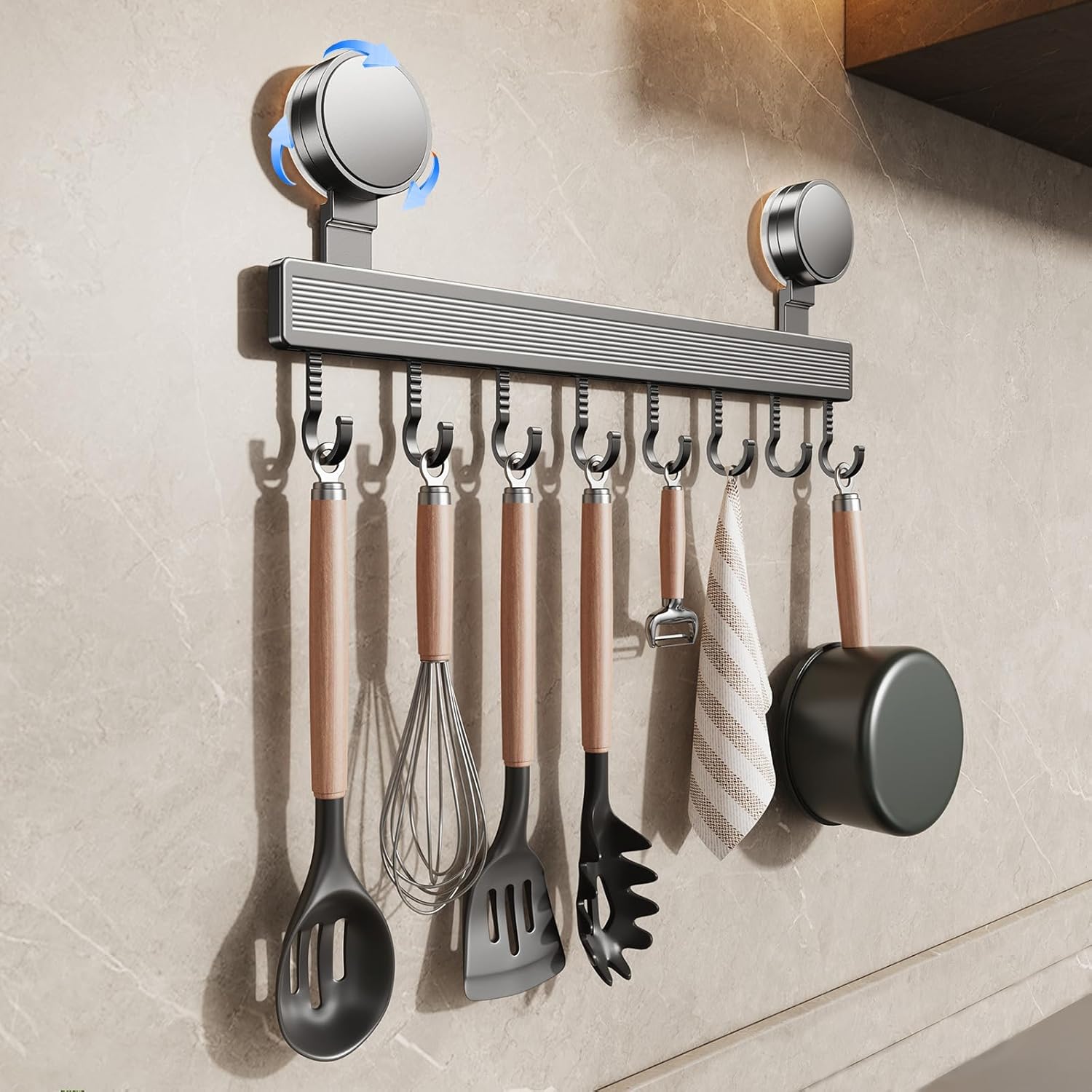 Hakenleiste 40 cm mit 8 Saugnapf-Haken fuer Kueche ohne Bohren