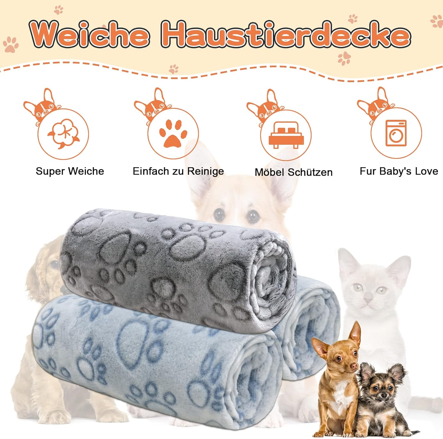 Hundedecke 110x80 cm 3er Set weich waschbar fuer Hunde und Katzen