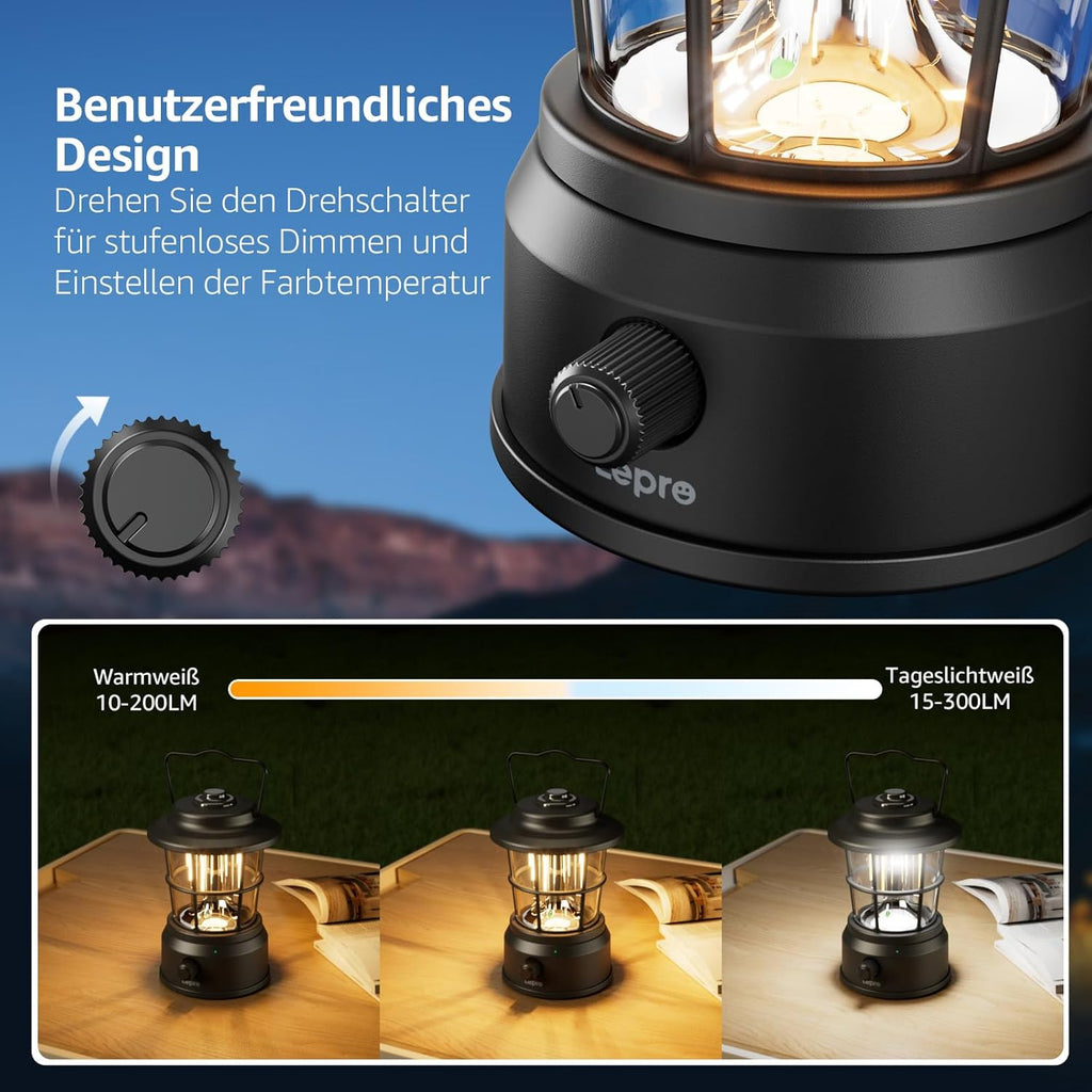 Lepro LED Retro Campinglampe wiederaufladbar dimmbar Powerbank IPX4 schwarz