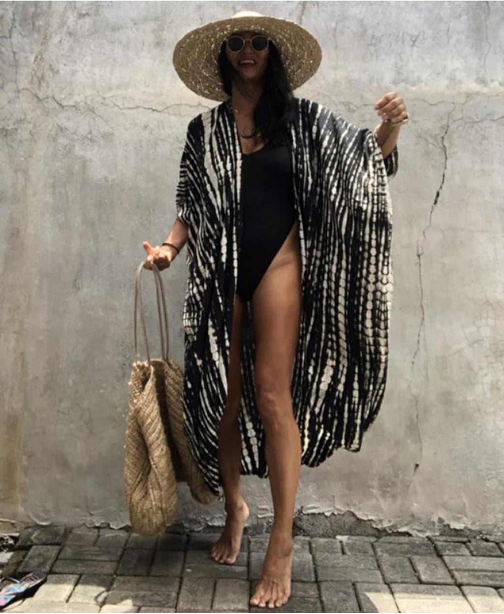 Long Beach Damen Maxi Strandkleid Kimono Cardigan offen Boho Blumen