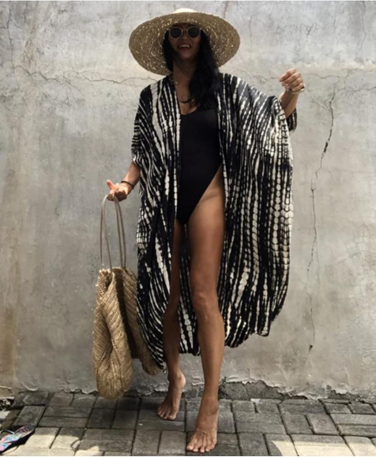Long Beach Damen Maxi Strandkleid Kimono Cardigan offen Boho Blumen