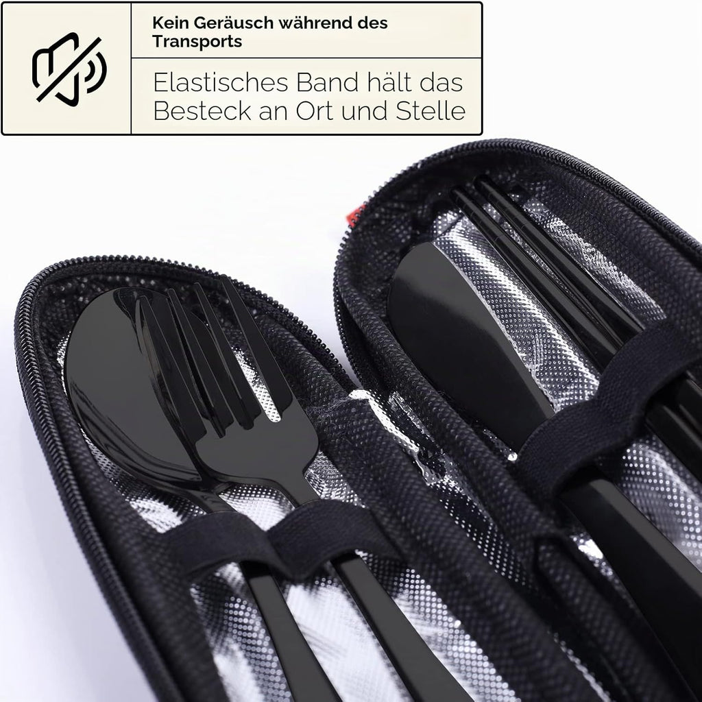 Quatish Campingbesteck 5-teilig aus Edelstahl mit Etui Schwarz