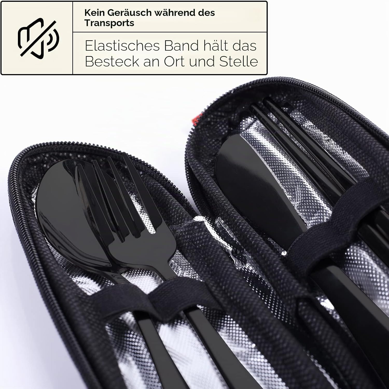Quatish Campingbesteck 5-teilig aus Edelstahl mit Etui Schwarz