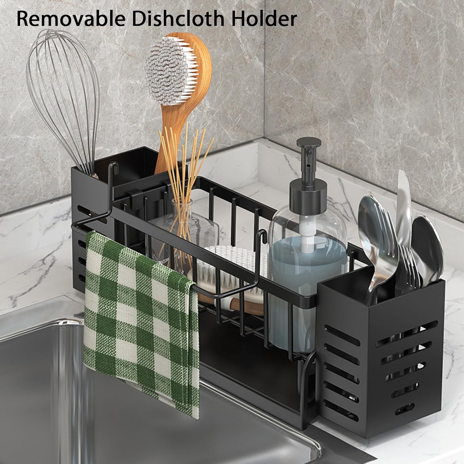 Haengender Spuelbecken Organizer schwarz Schwammhalter Spueltuchhalter ohne Bohren