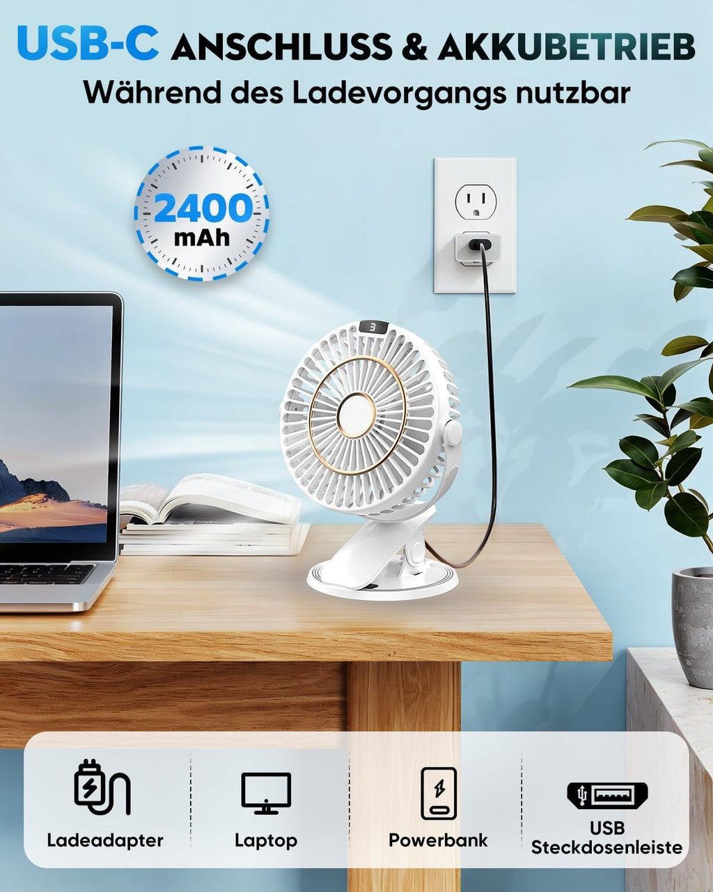 COZII 16cm USB Clip Tischventilator leise 5 Stufen 720° drehbar mit LED