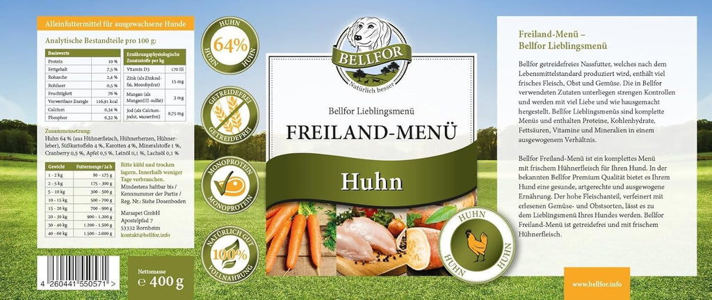 Bellfor Freiland-Menue Hundefutter nass mit Huhn 6x400g, getreidefrei