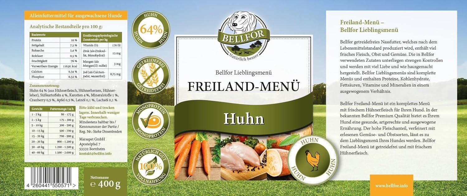Bellfor Freiland-Menue Hundefutter nass mit Huhn 6x400g, getreidefrei
