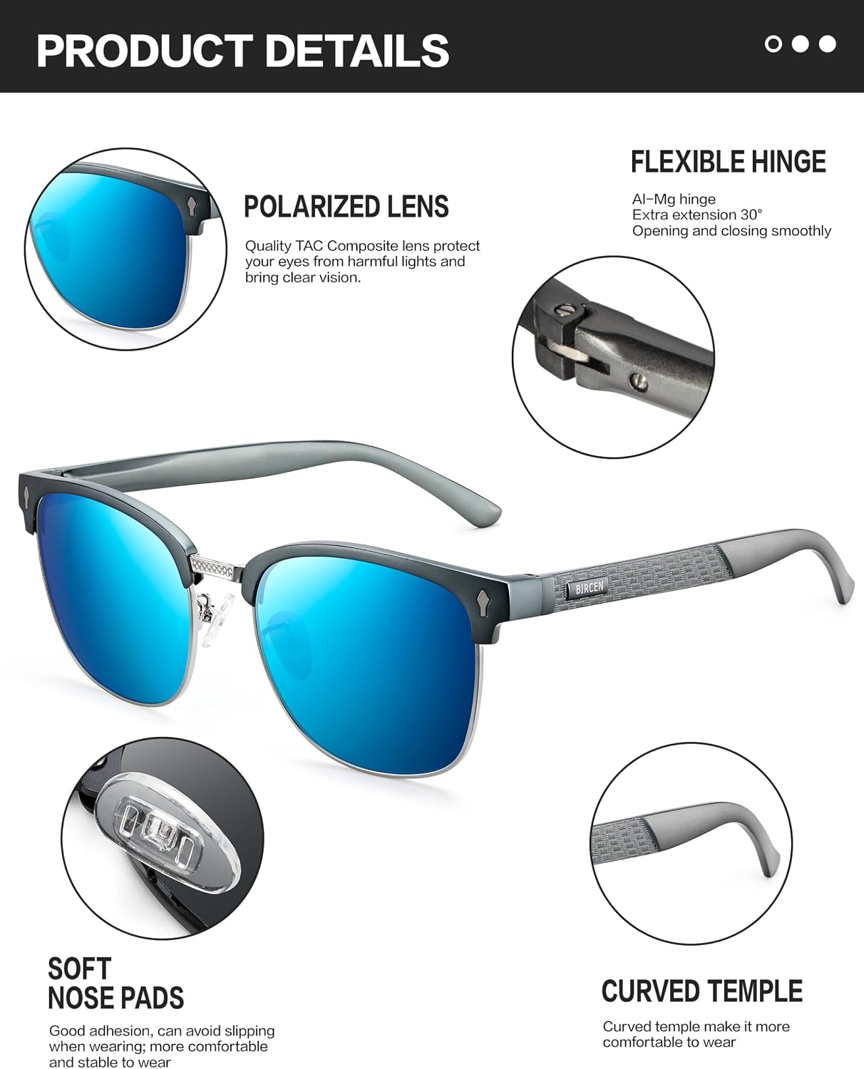 Polarisiert Sonnenbrille Herren UV400 Retro Halbrahmen Fahren Angeln Reisen