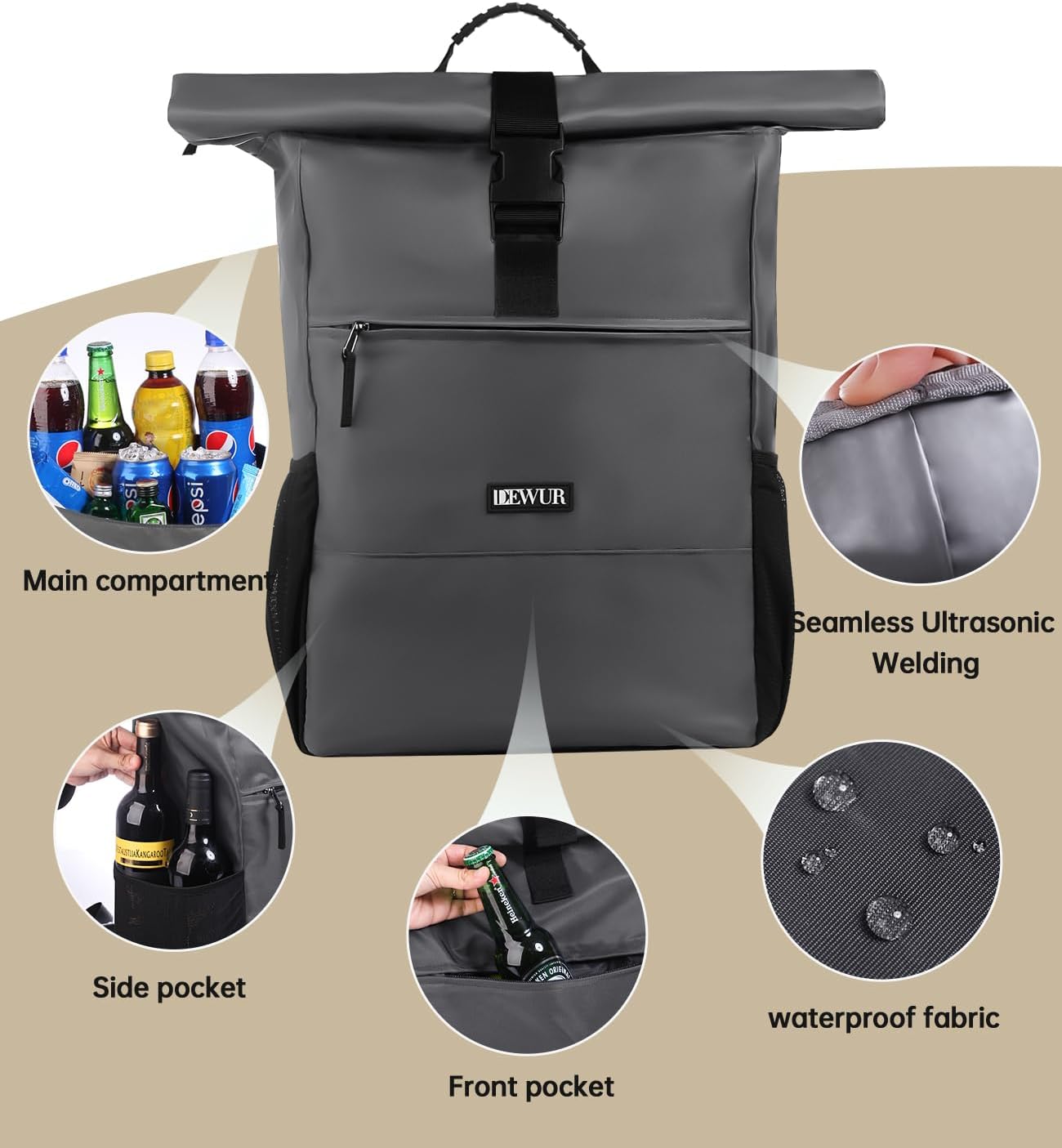 DEWUR Thermo Kuehlrucksack wasserdicht mit Flaschenoeffner fuer Picknick