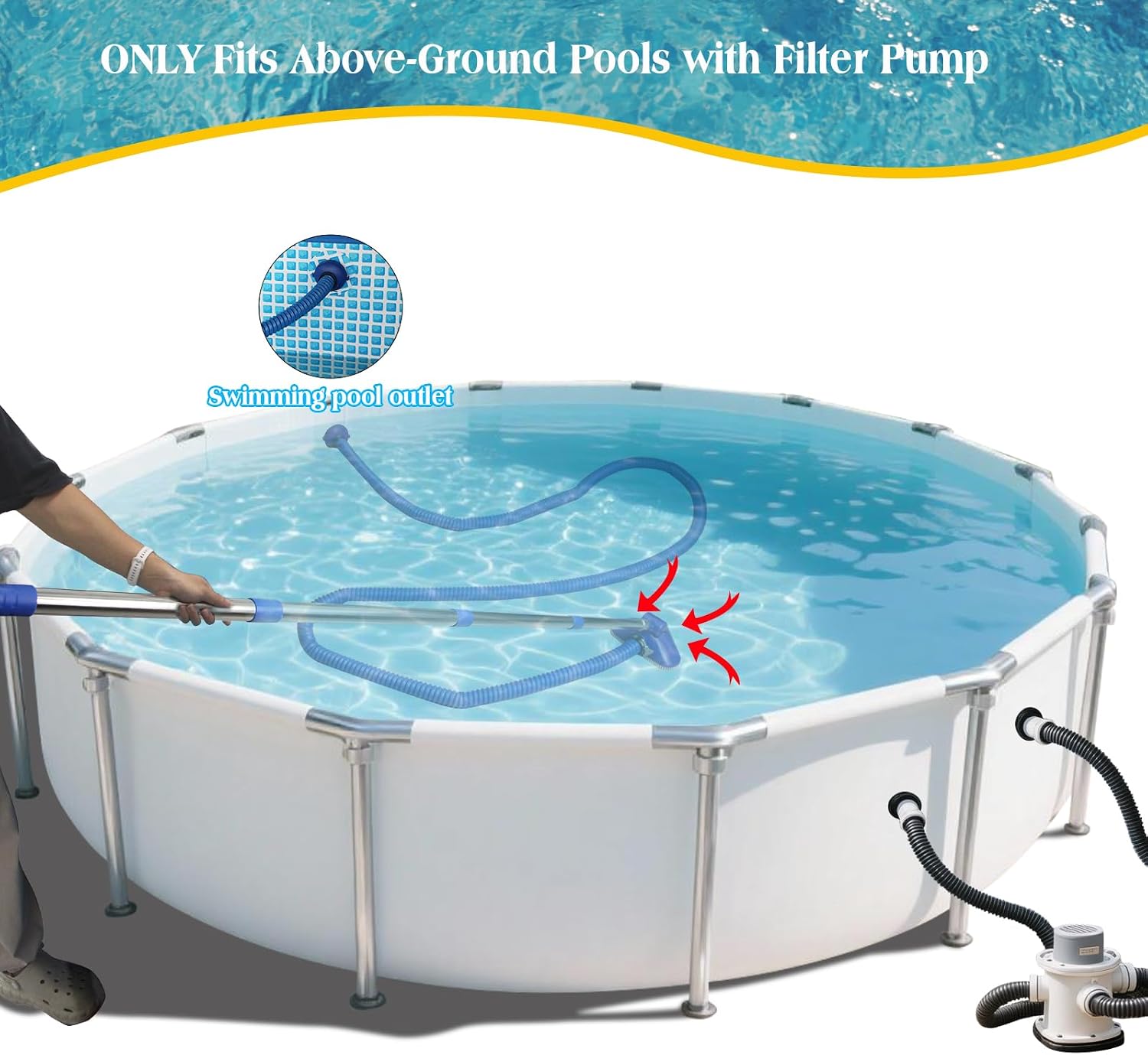 Poolsauger Bodensauger mit 4 m Edelstahl-Schlauch, Poolbuerste, manuell