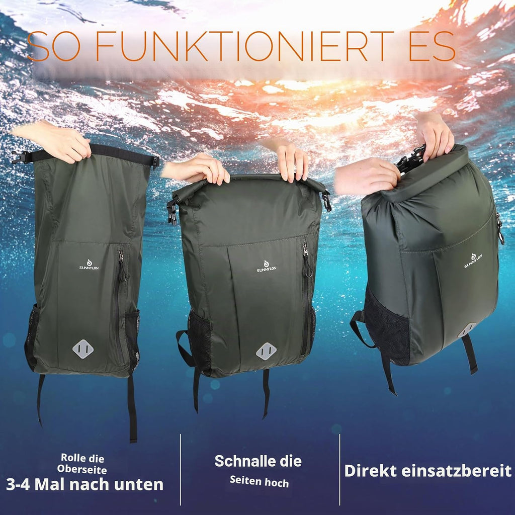 Dry Bag Rucksack 20L wasserdicht IPX8 Rolltop mit Handyhuelle fuer Kajak Strand Wa