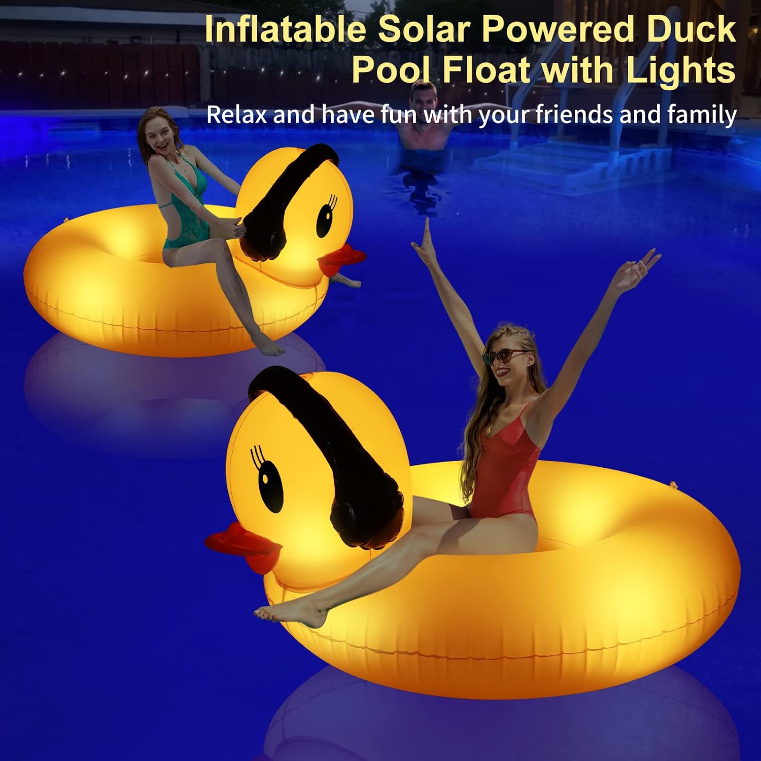 DeeprBetter Schwimmreifen Ente mit LED Licht Solar 107cm Pool Luftmatratze Badei