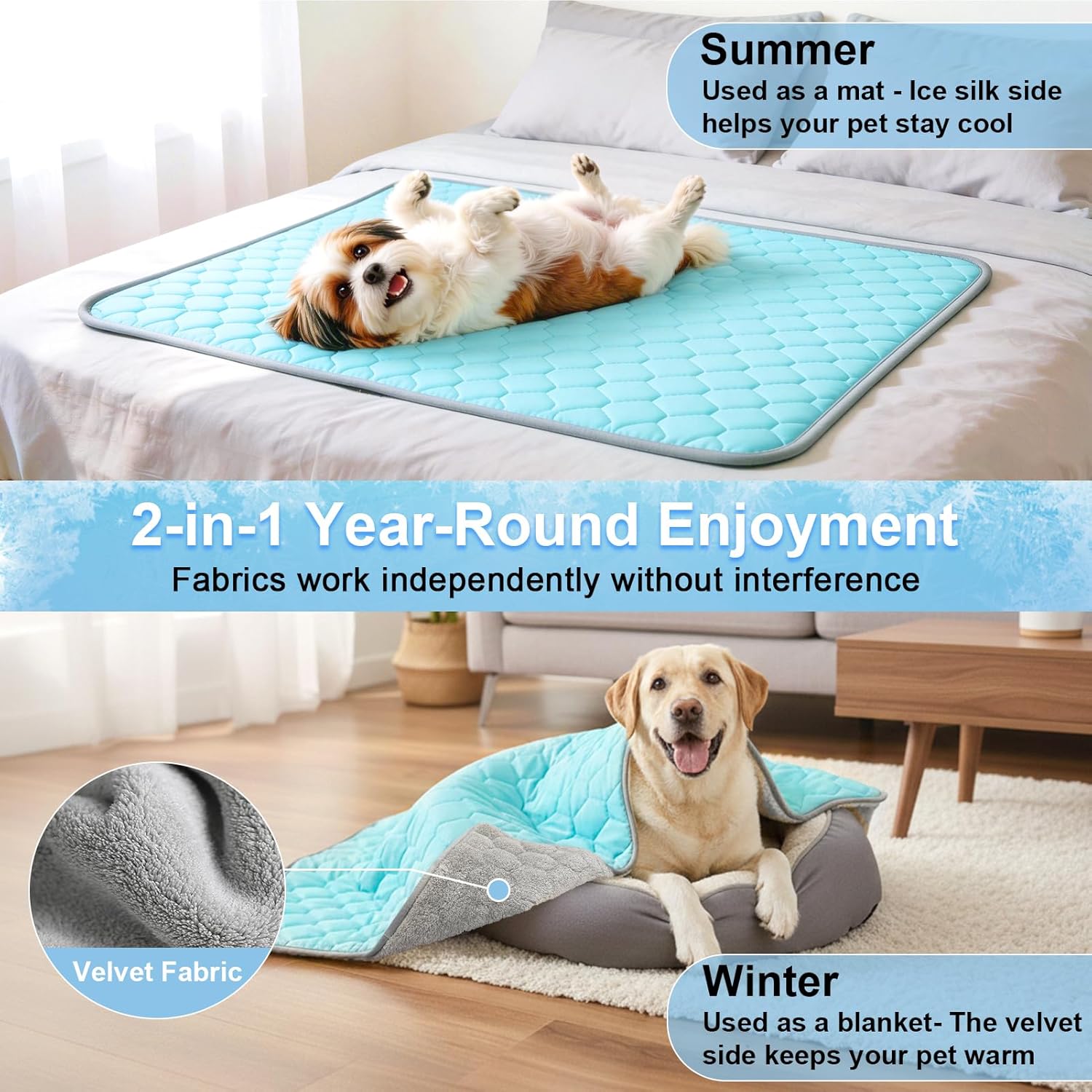 Vivifying Kuehlmatte fuer Hunde 101 x 76 cm wendbar mit Pluesch-Rueckseite