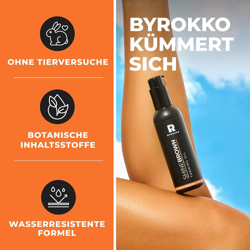 BYROKKO Shine Brown Braeunungsoel 150 ml fuer Sonne & Solarium mit Kokos Walnuss Ha