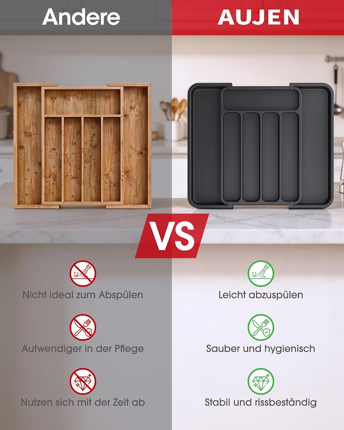 Besteckeinsatz erweiterbar fuer Schublade Kuechen Organizer Besteckkasten