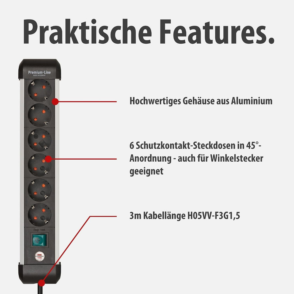 Brennenstuhl Aluminium Steckdosenleiste 6-fach mit Schalter 3 m Kabel