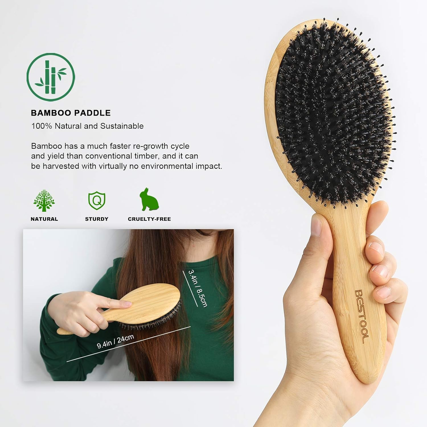 BESTOOL Bambus Paddle Haarbuerste mit Wildschweinborsten und Nylon