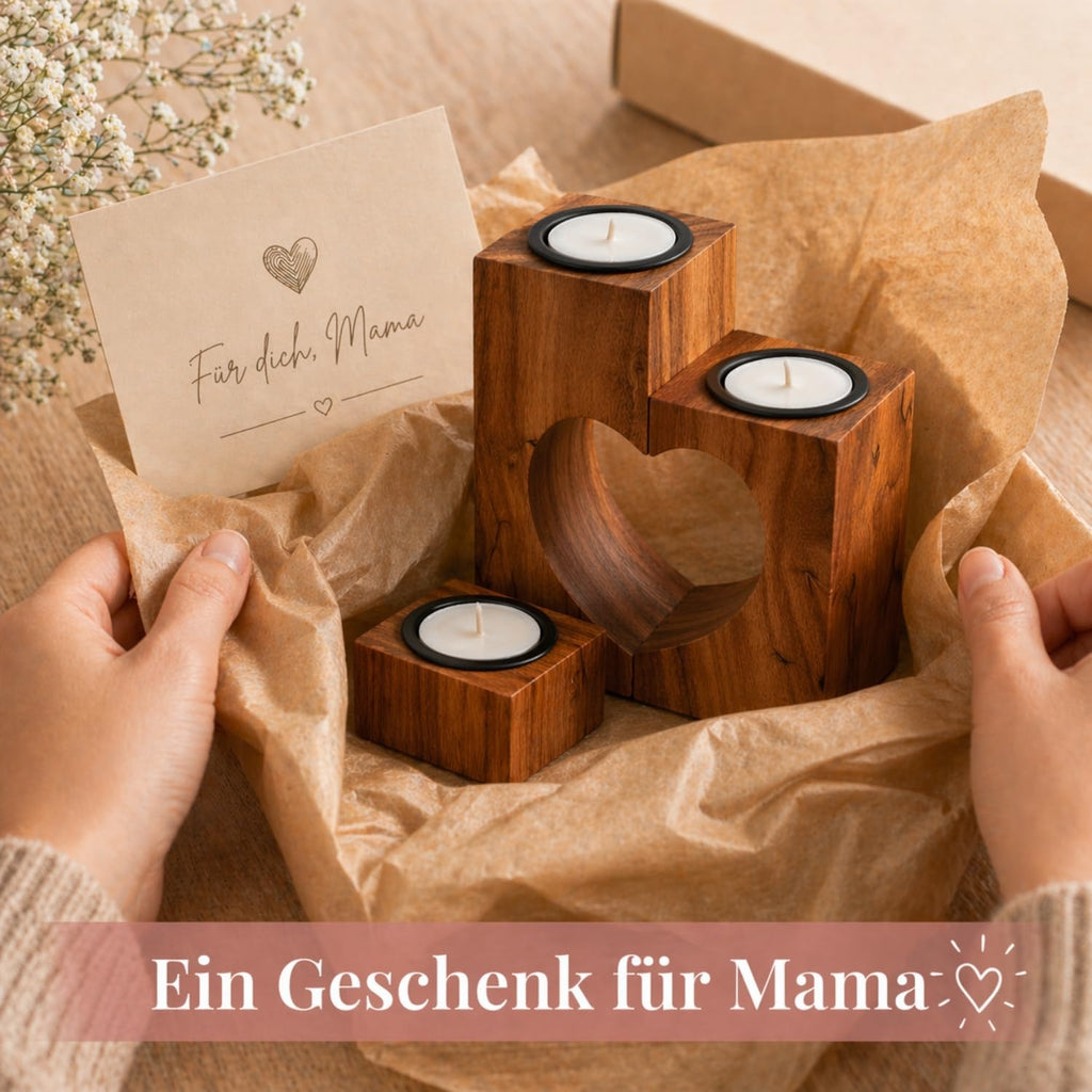 Teelichthalter Herz 3er Set aus Akazienholz 15 cm Valentinstag Geschenk
