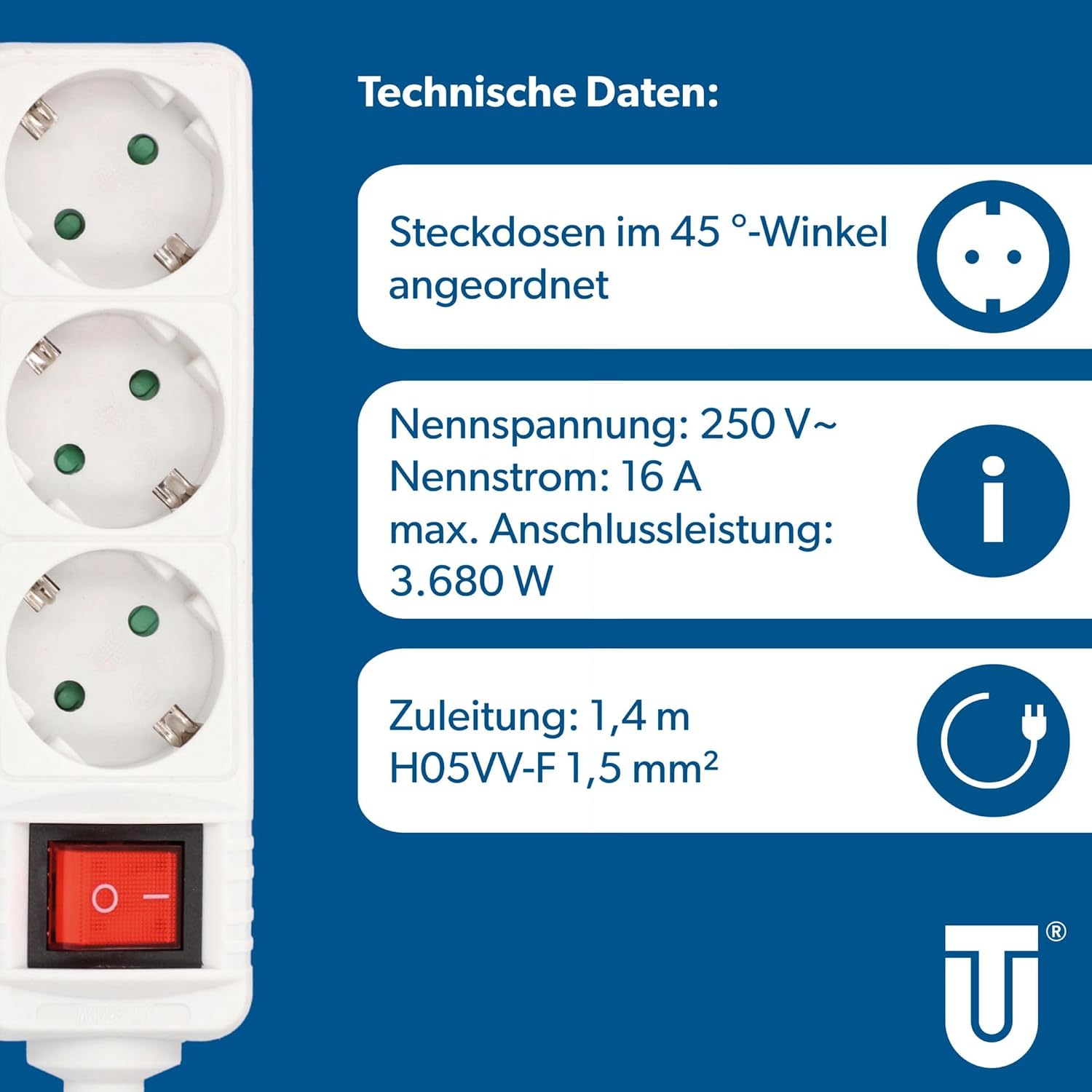UNITEC Tischsteckdose 3‑fach mit Schalter 1,4 m Kabel Weiss