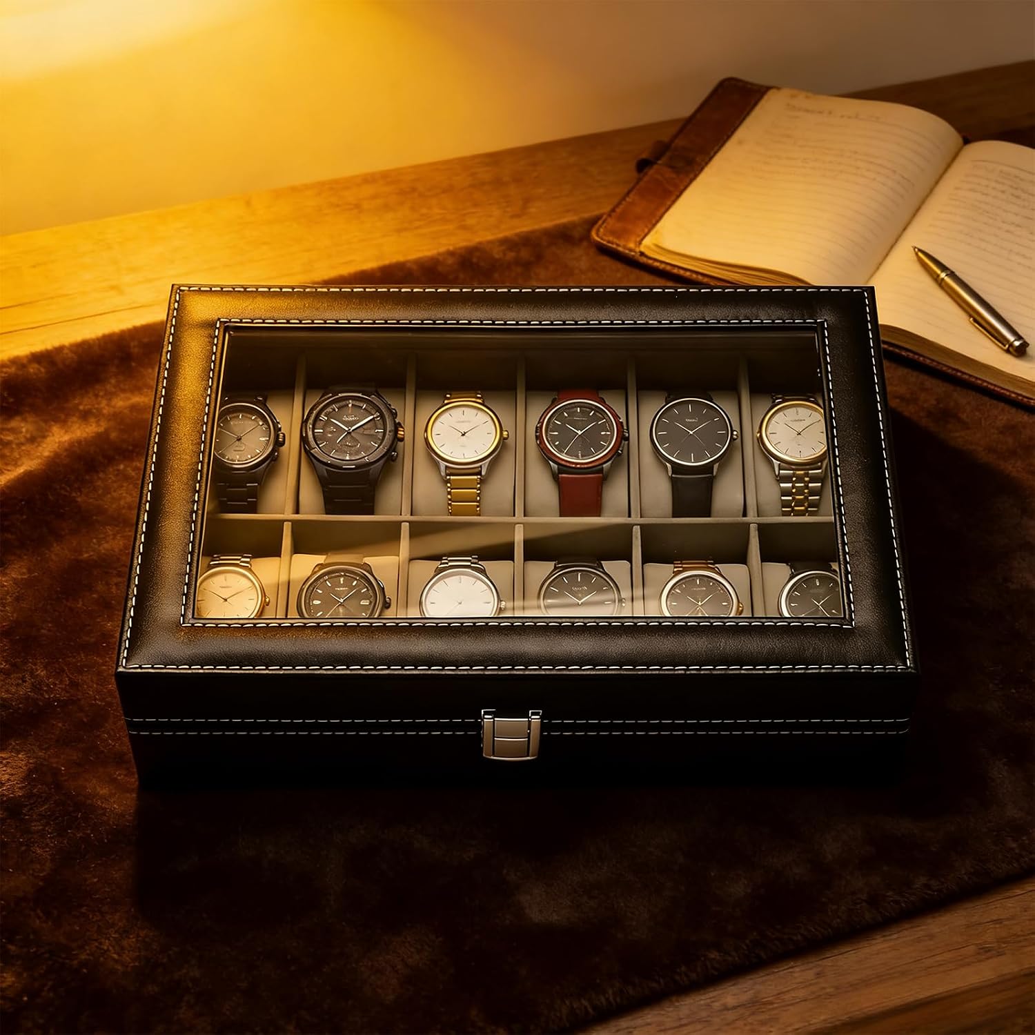 Uhrenbox fuer 12 Uhren mit Glasdeckel, PU-Leder, Samtinnenfutter