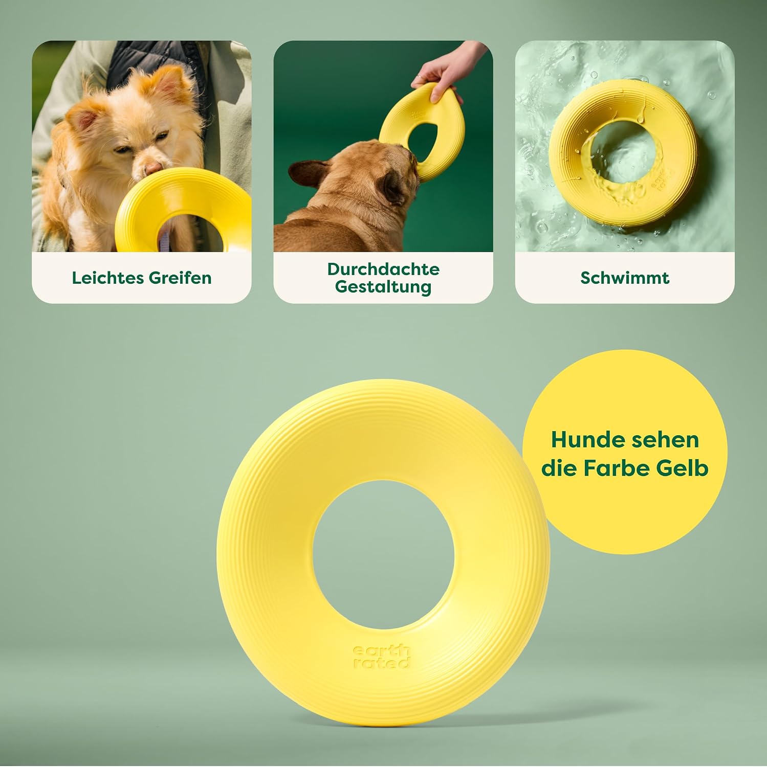 Earth Rated Fliegender Ring Hundespielzeug Wasserdicht Schwimmfaehig S-L Gelb