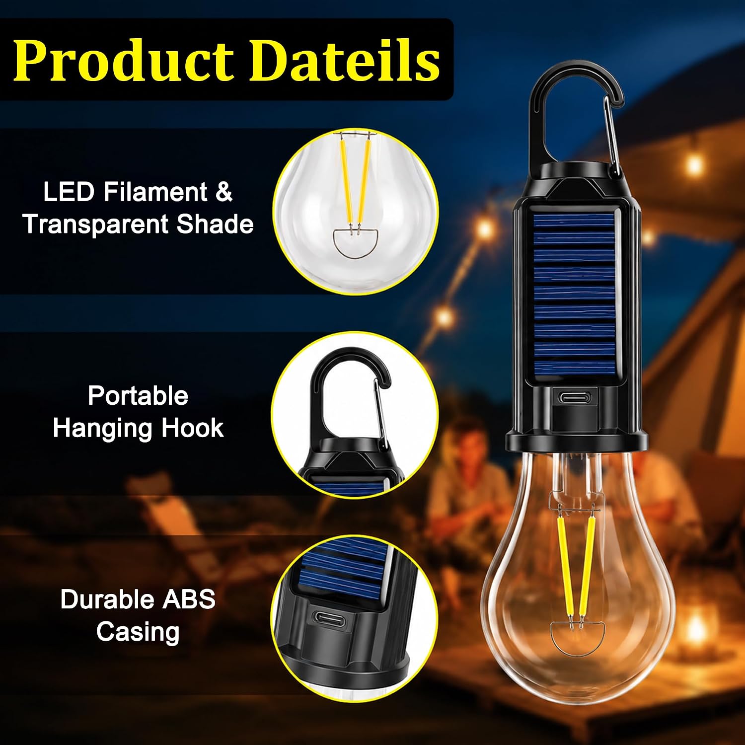 Campinglampe aufladbar 5er Set LED Solar 3 Helligkeitsstufen wasserdicht