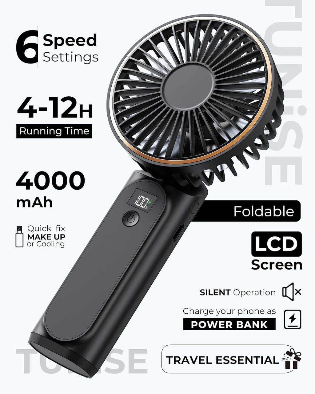 Mini Ventilator tragbar 4000mAh 180° verstellbar 6 Stufen mit Powerbank LED-Disp