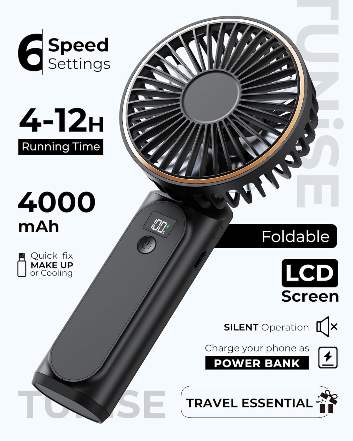 Mini Ventilator tragbar 4000mAh 180° verstellbar 6 Stufen mit Powerbank LED-Disp