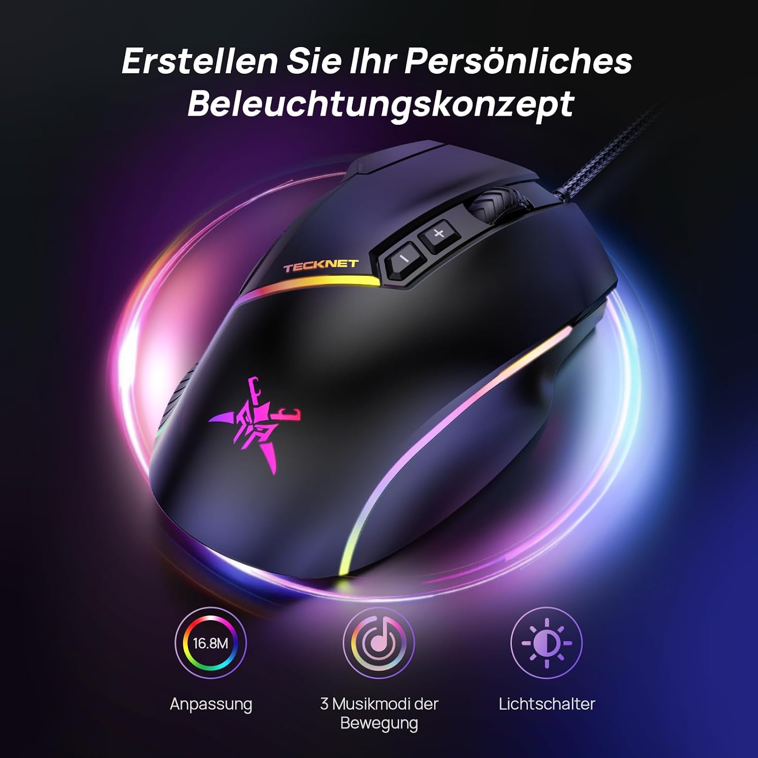TeckNet Gaming-Maus kabelgebunden 12800 DPI RGB 8 Tasten Rechtshaender