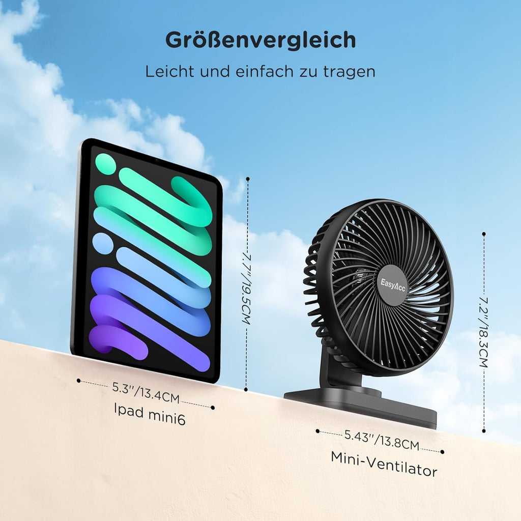 EasyAcc Tischventilator USB Akku 4000 mAh, tragbar, 4 Stufen, schwarz