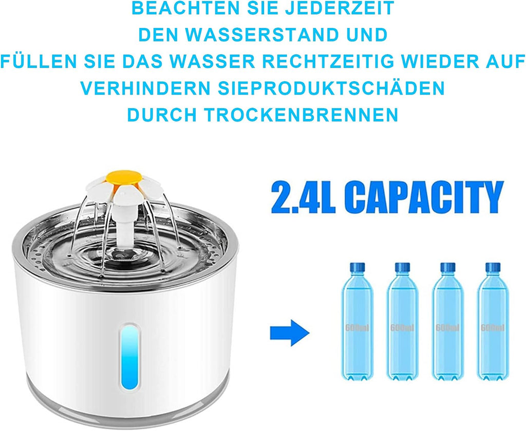 Katzen Trinkbrunnen 2,4L mit Aktivkohlefilter Wasserstandsanzeige LED und 3 Modi