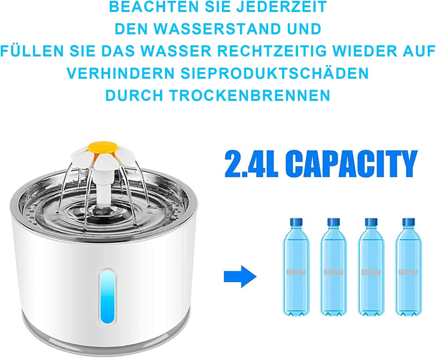 Katzen Trinkbrunnen 2,4L mit Aktivkohlefilter Wasserstandsanzeige LED und 3 Modi
