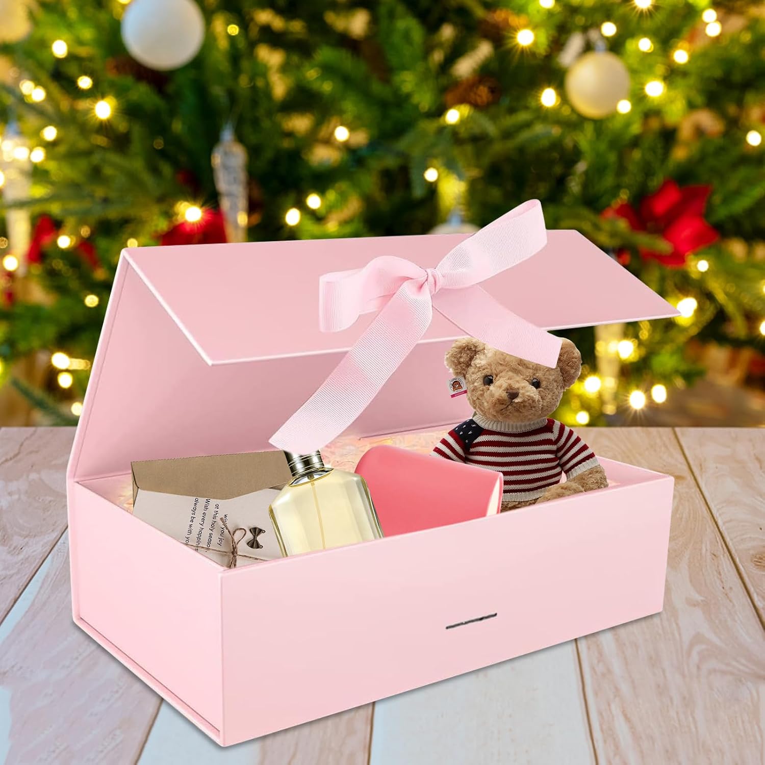 Geschenkbox 21x17x7 cm mit Deckel Schleife Karte und Licht Hochzeit