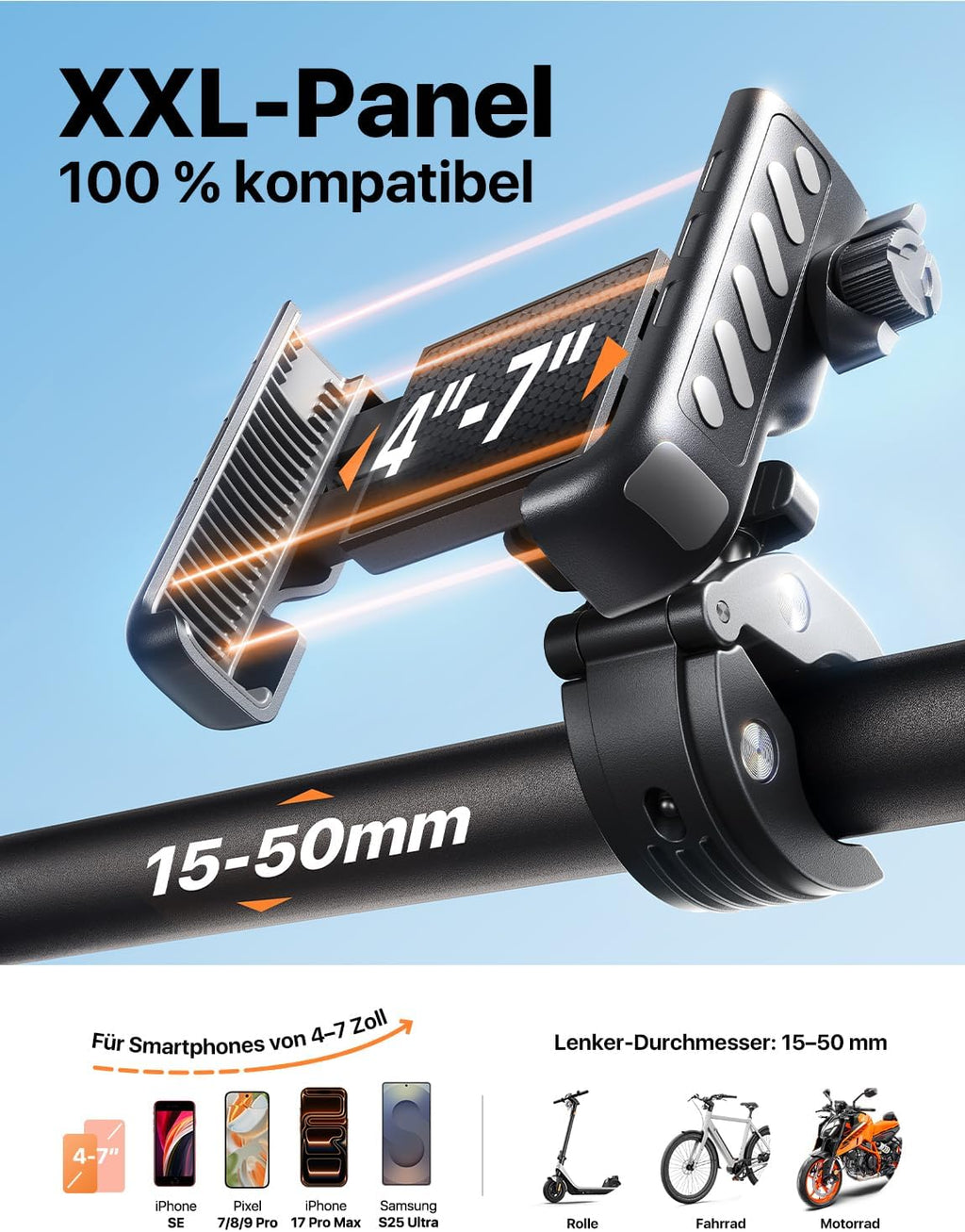 Handyhalterung Motorrad und Fahrrad Metallklemme 360° Lenkerhalter