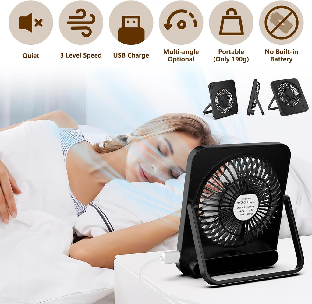 Hianjoo USB Tischventilator leise 3 Geschwindigkeiten schwarz, USB-Stromversorgu