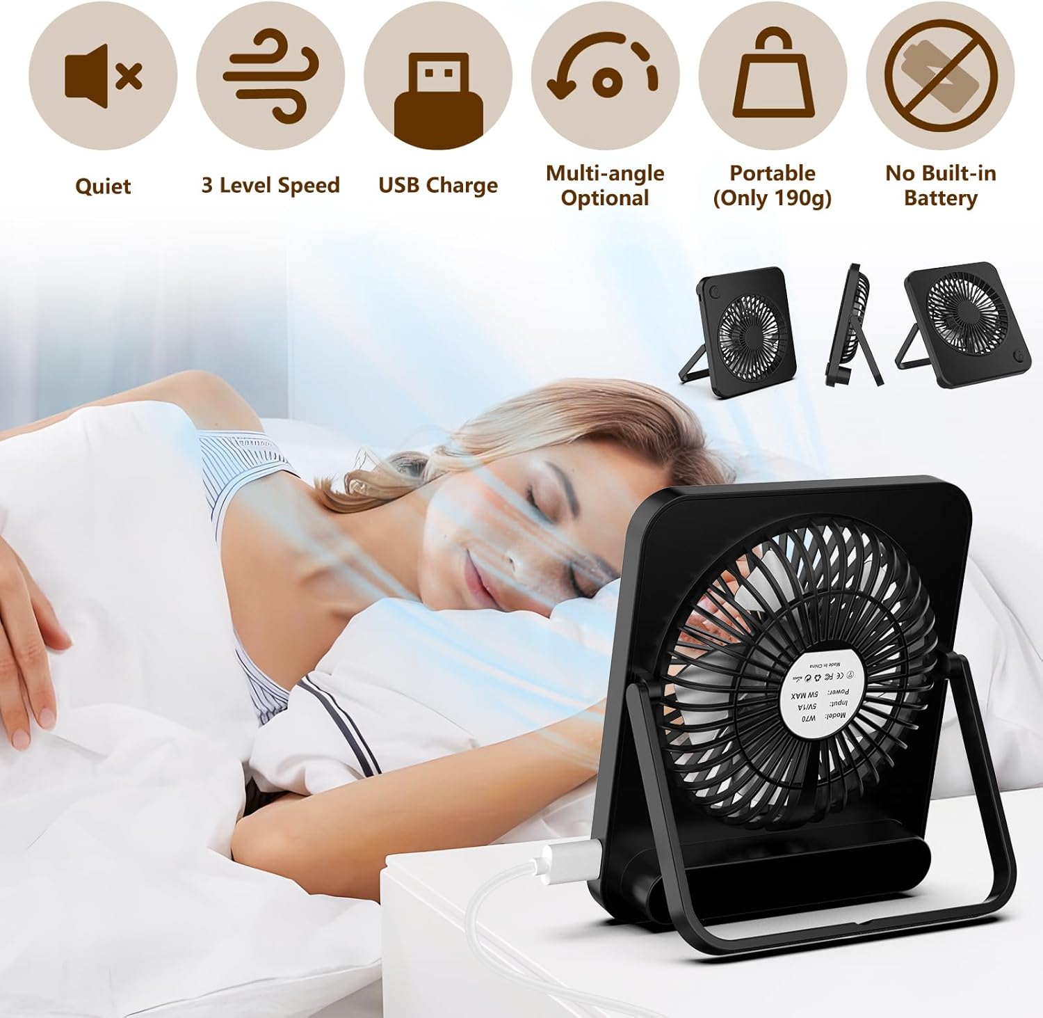 Hianjoo USB Tischventilator leise 3 Geschwindigkeiten schwarz, USB-Stromversorgu
