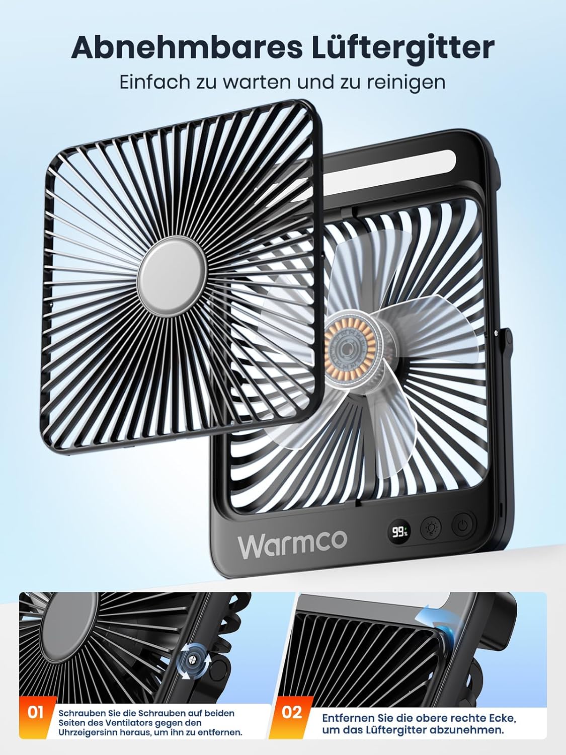 Warmco Akku-Ventilator 20000 mAh 27 cm mit Lampe, Display, Haken, USB
