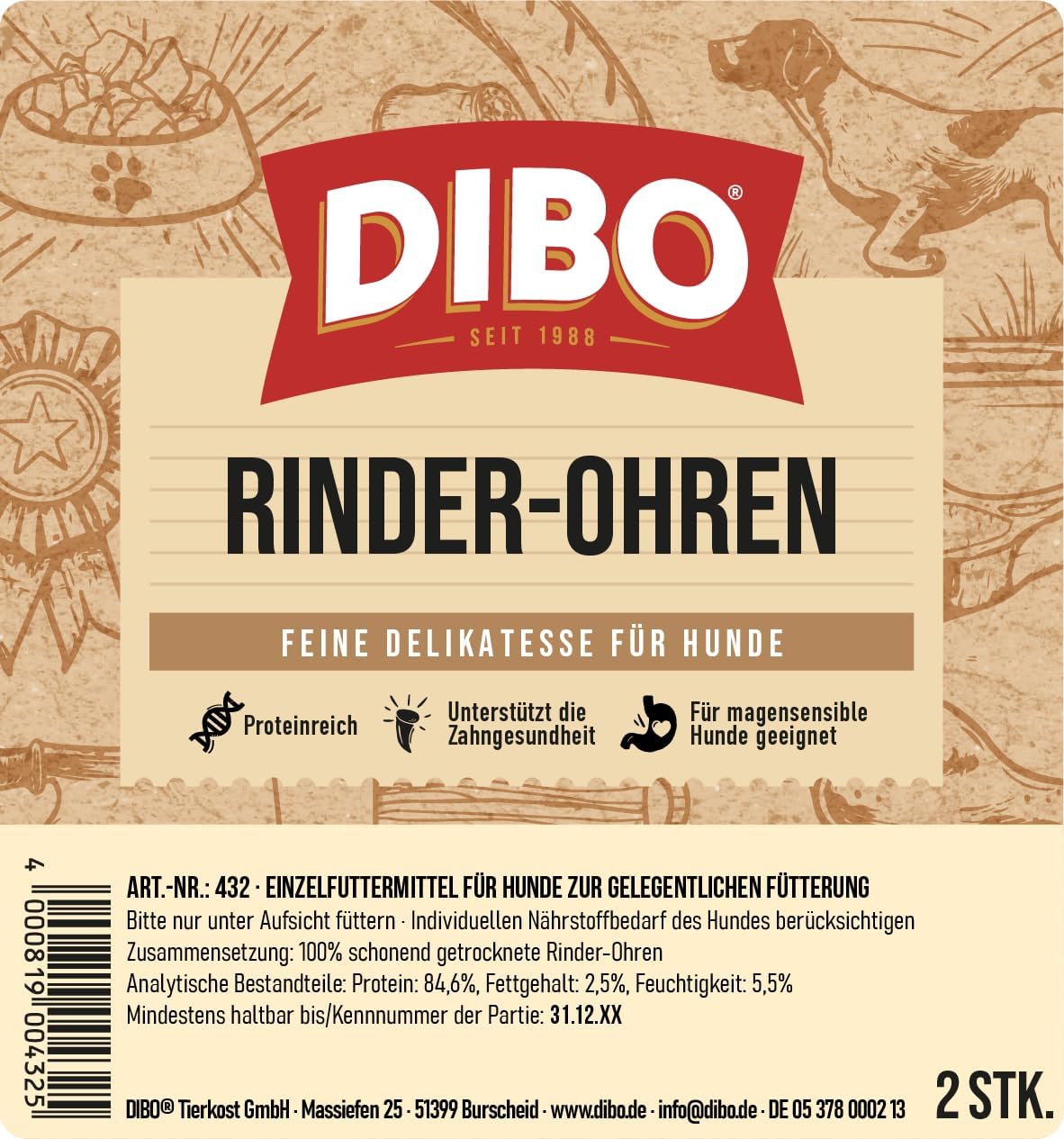 DIBO Rinderohren 10er Beutel Hundesnack Naturkauartikel ohne Zusaetze