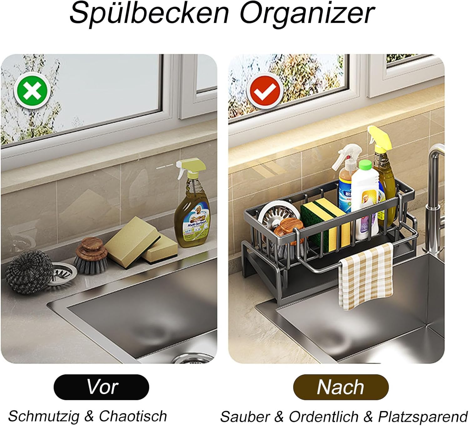 Spuelbecken Organizer Schwammhalter mit Ablauf fuer Kueche, Schwarz