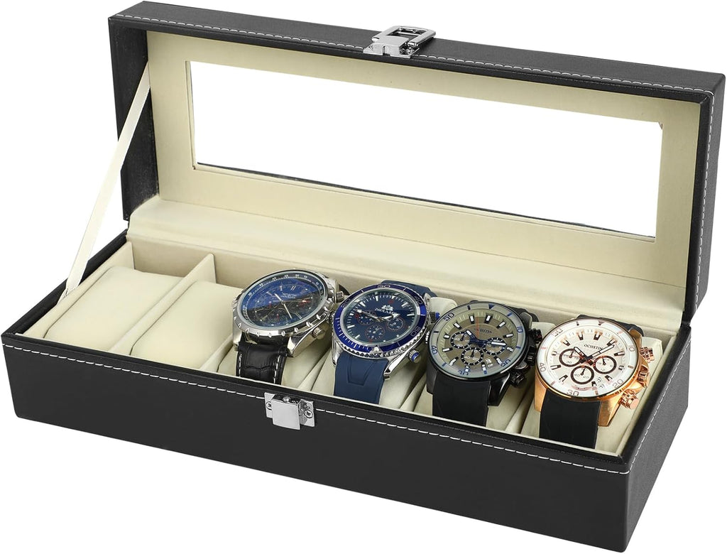 Uhrenbox 6 Faecher mit Glasdeckel und abnehmbaren Kissen Uhrenkasten